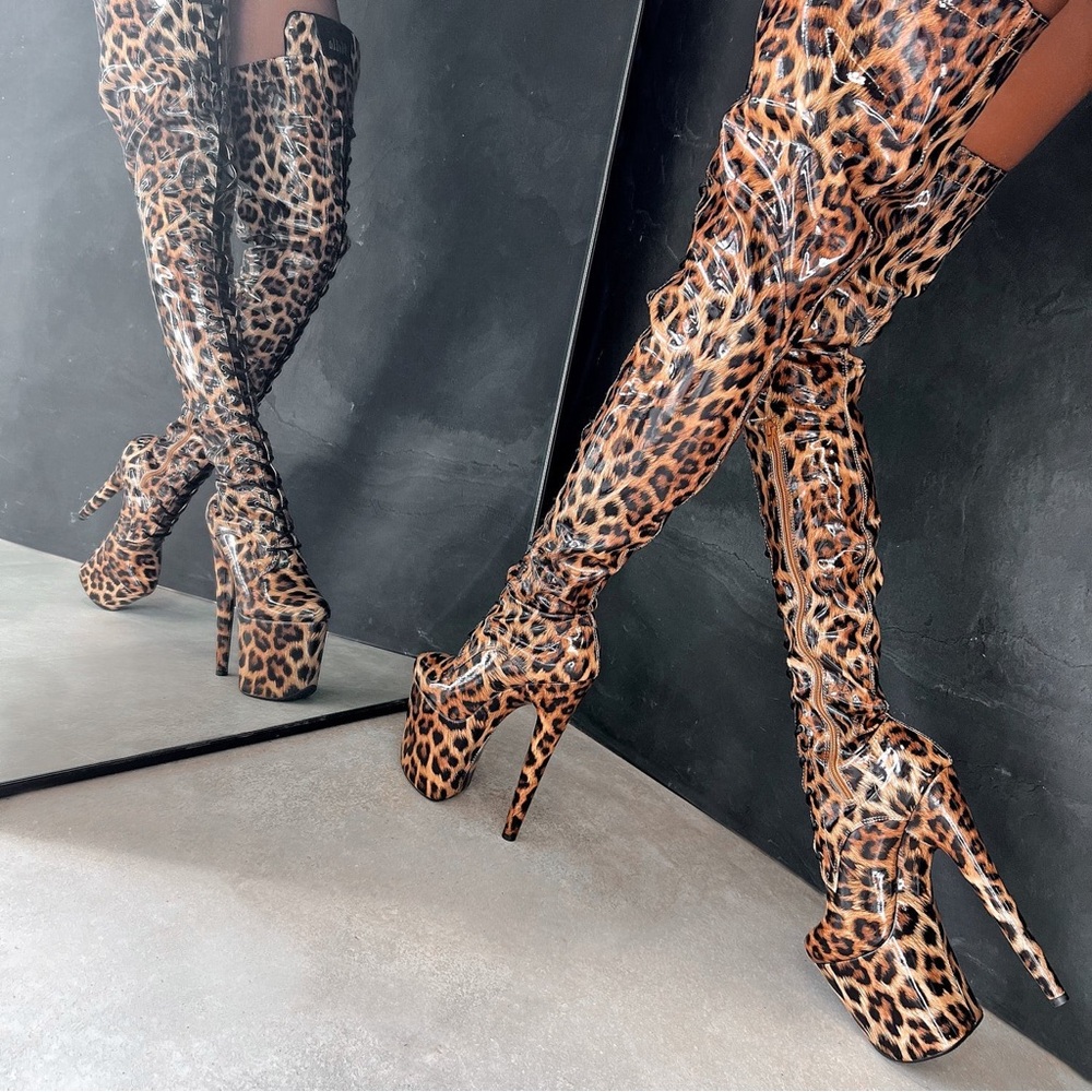 Hella Heels Leopard Thigh High 8” Platform Boots w/ Shoe Protectors